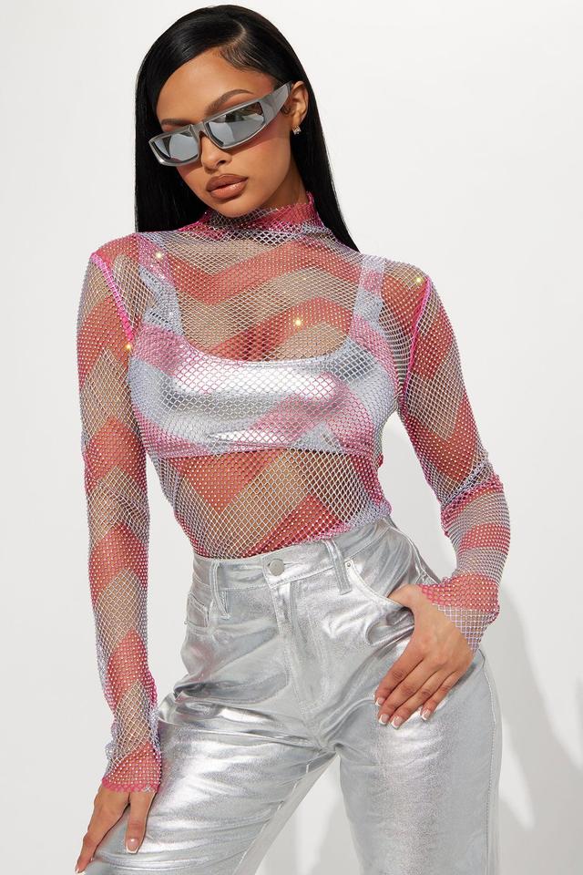 Party's Here Rhinestone Fishnet Top - Pink/combo Product Image