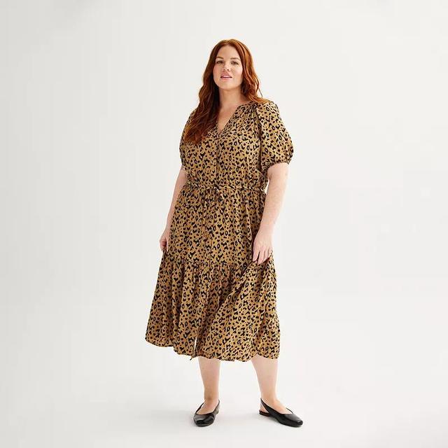 Plus Size Sonoma Goods For Life Puff Sleeve V-Neck Tiered Midi Dress, Womens Product Image