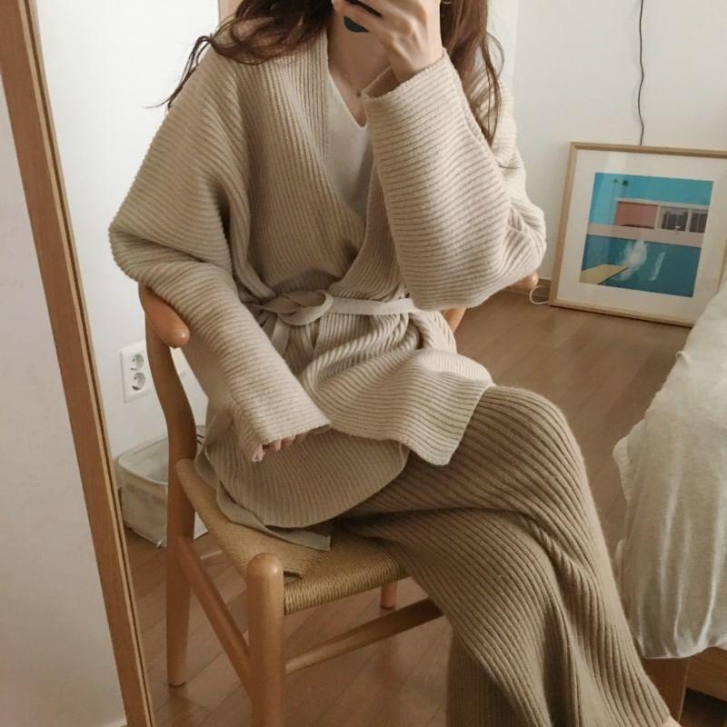 V-Neck Ribbed Sashed Cardigan Product Image