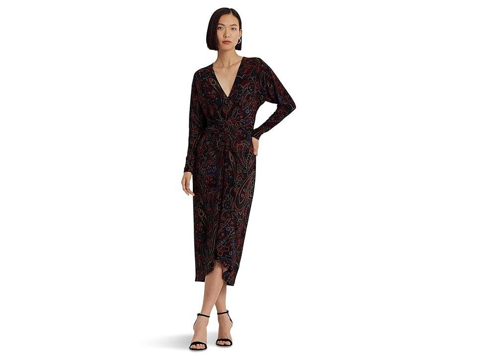 Lauren Ralph Lauren Checked Paisley Twist-Front Jersey Dress Black/Multi) Women's Dress Product Image