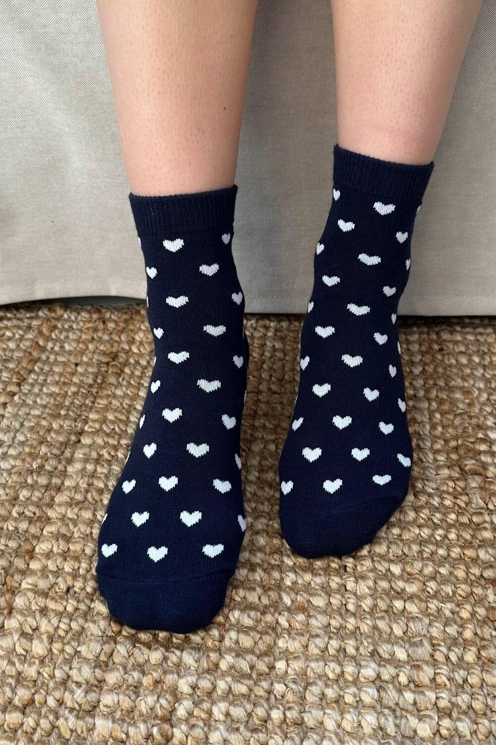 Navy Blue Socks White Hearts Product Image