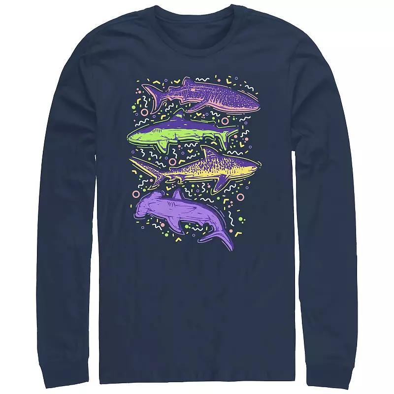 Mens Colorful Sharks And Doodles Long Sleeve Graphic Tee Blue Product Image