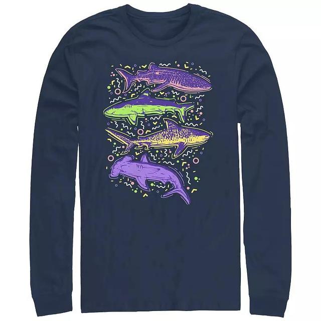 Mens Colorful Sharks And Doodles Long Sleeve Graphic Tee Blue Product Image