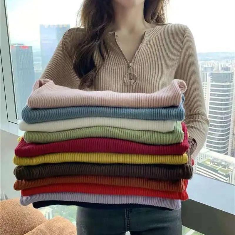 Long Sleeve V-Neck Half Zip Plain Knitted Top Product Image