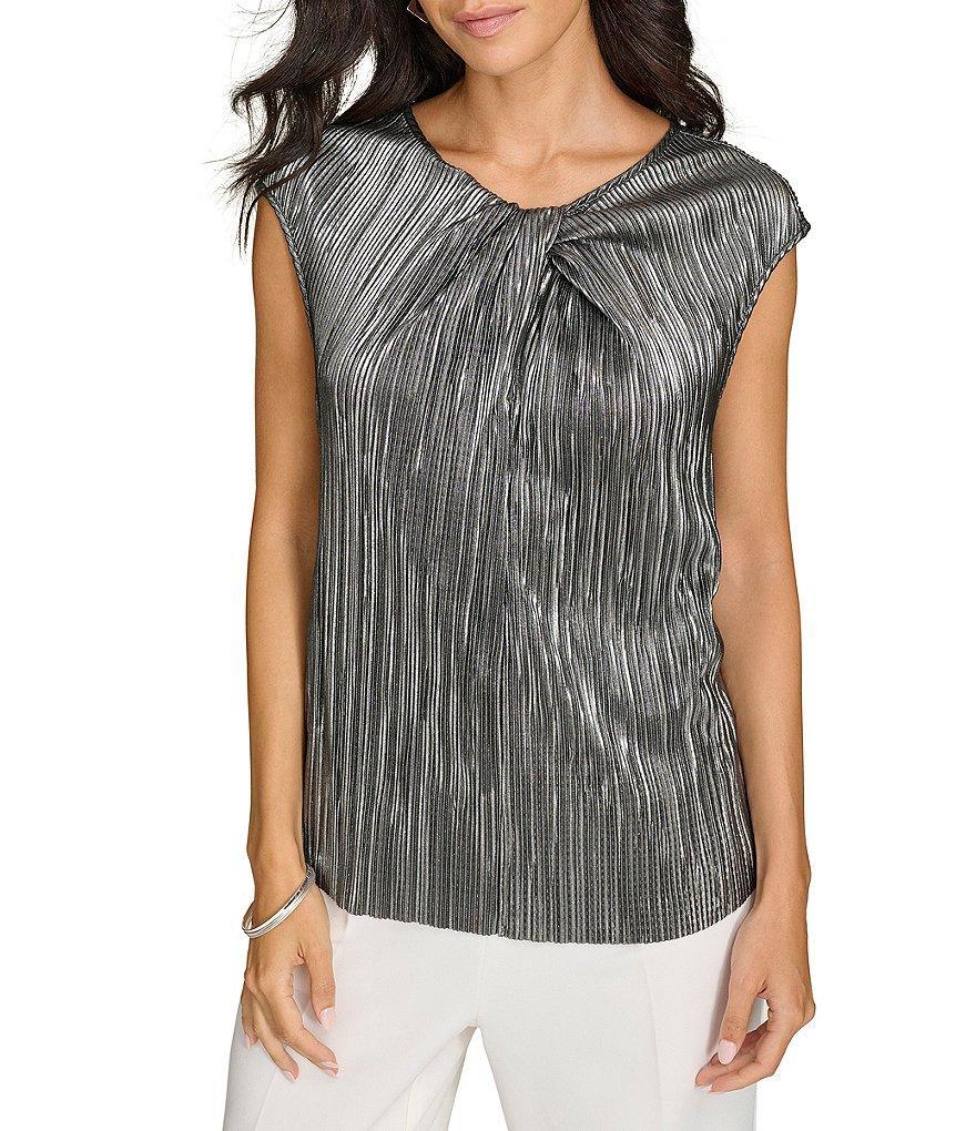 Calvin Klein Metallic Plisse Twisted Crew Neck Cap Sleeve Blouse Product Image