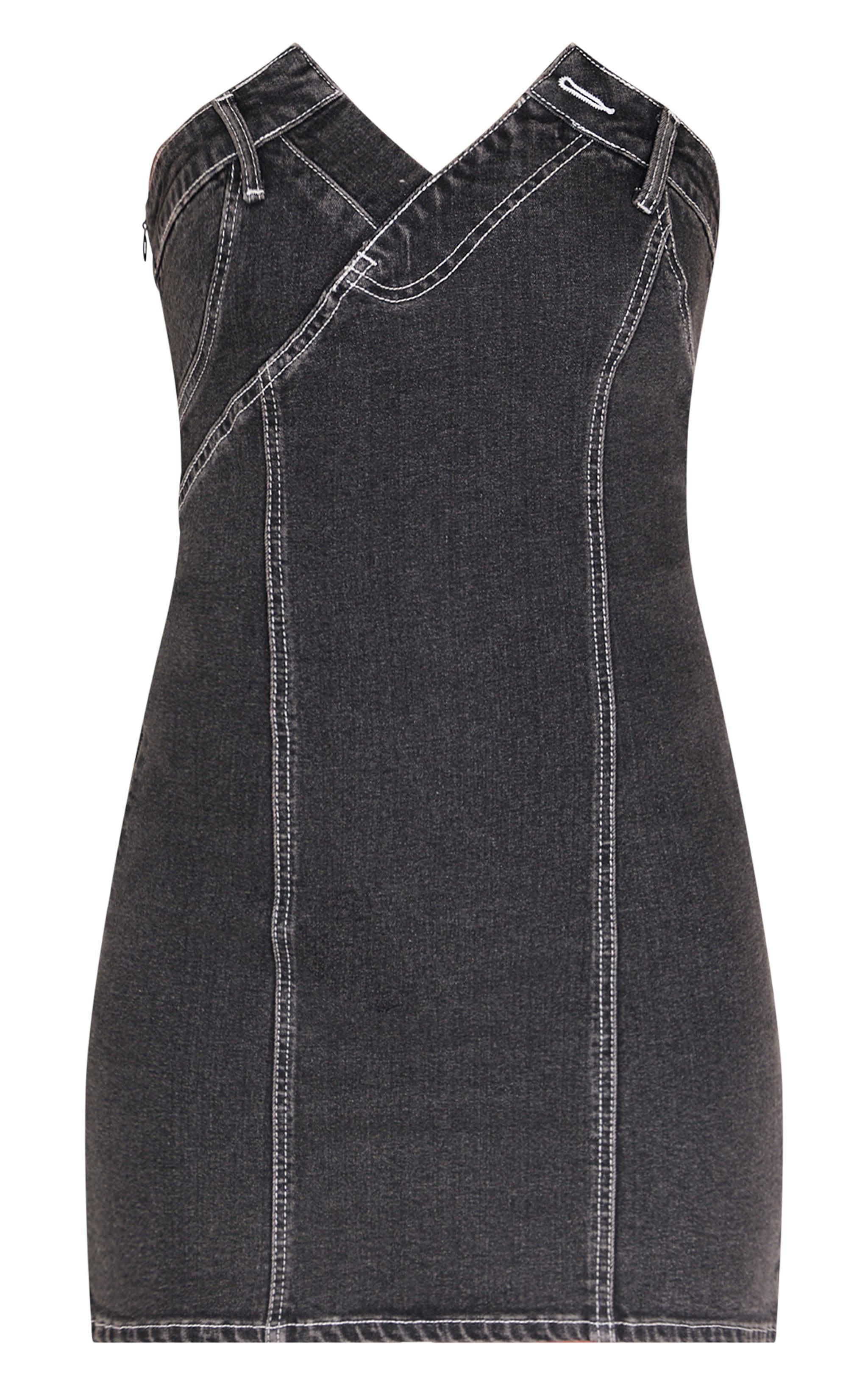 Washed Black Waistband Detail Crossover Panel Denim Mini Dress Product Image