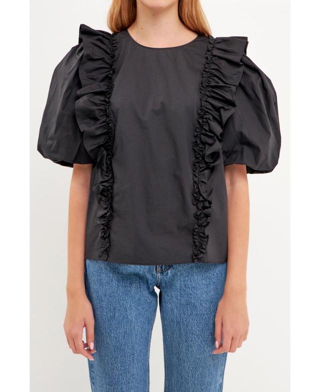 English Factory Womens Double Ruffle Poplin Puff Sleeve Blouse Product Image