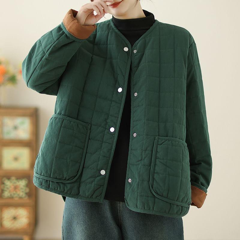 V-Neck Plain Quilted Button Jacket Product Image