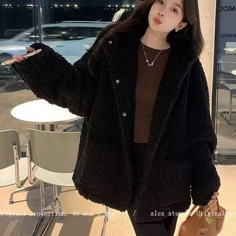 Plain Hooded Button-Up Fleece Coat Product Image