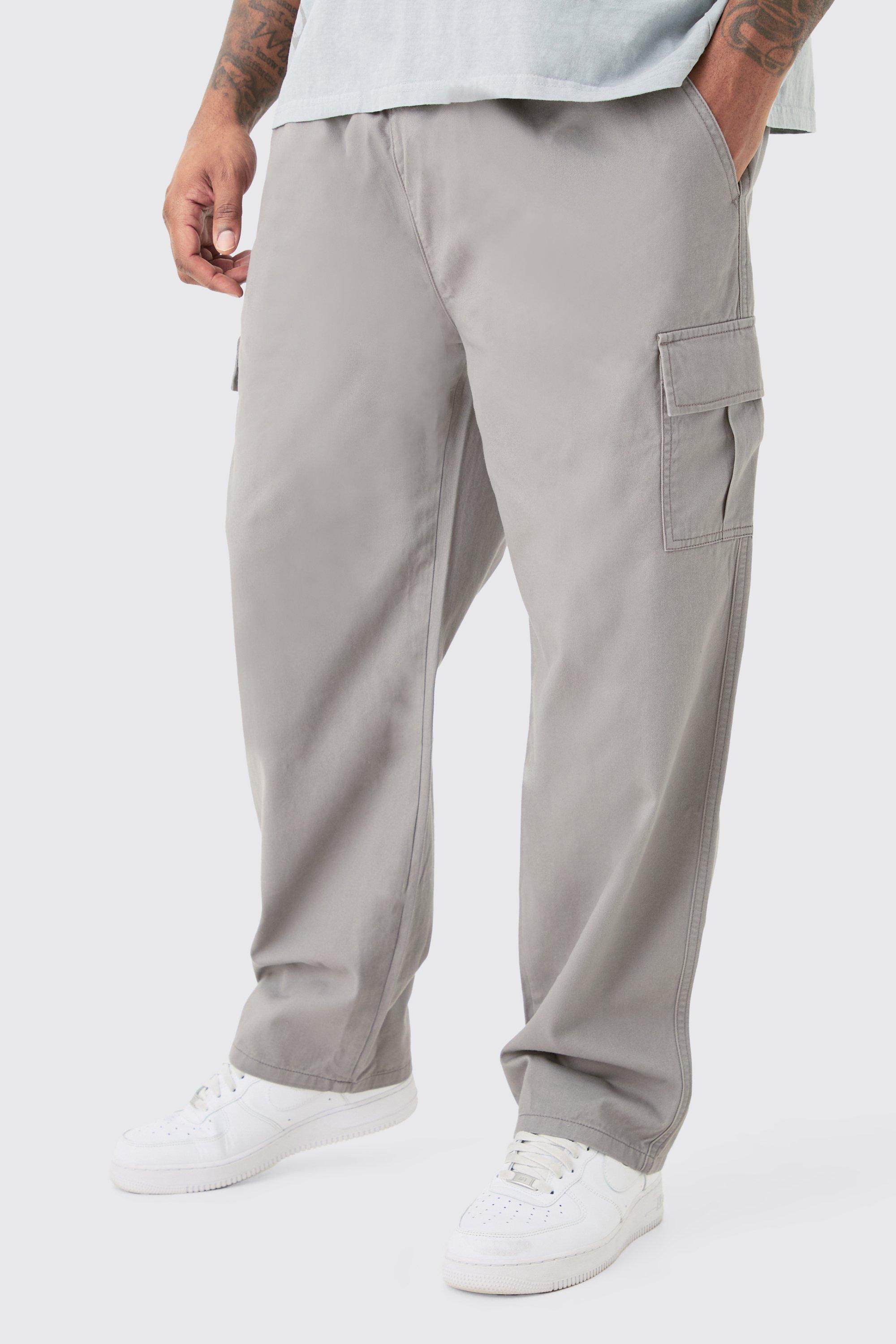 Mens Grey Plus Fixed Waist Straight Fit Cargo Trousers, Grey product image