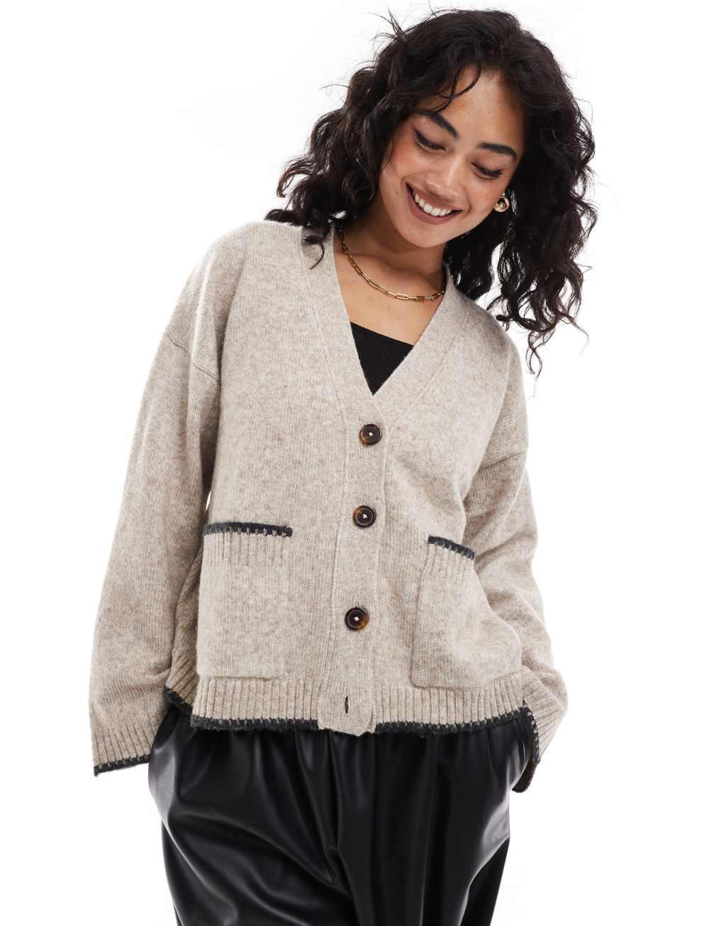 ASOS DESIGN boxy cardigan with v neck and pocket detail with contrast trim in oatmeal product image