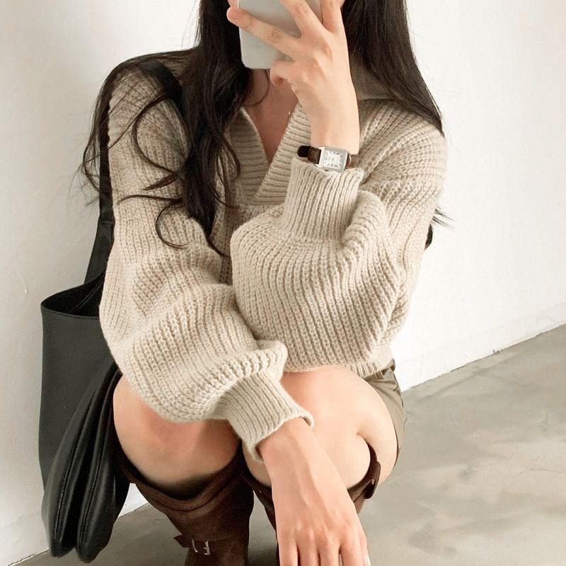 Collared Open Placket Plain Sweater Product Image