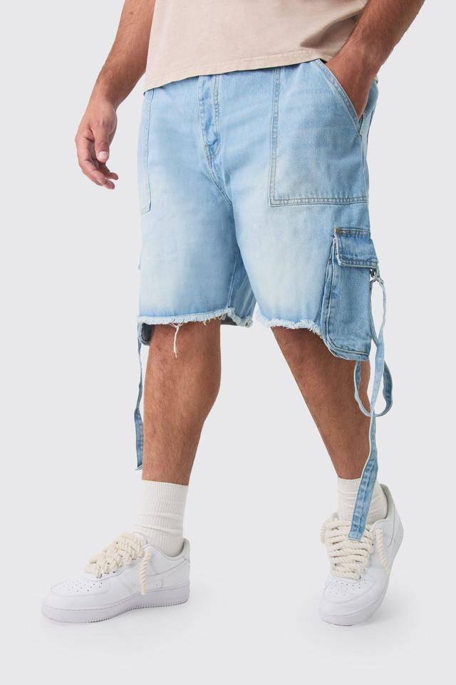 Plus Relaxed Rigid Cargo Pocket Denim Short In Light Blue | boohooMAN USA Product Image