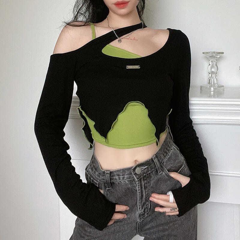 Set: Long Sleeve Cold Shoulder Contrast Stitch Crop Top + Plain Camisole Top Product Image