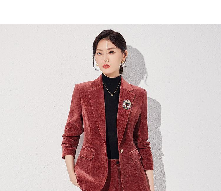 Notch Lapel Plain Velvet Single Breasted Blazer / High Rise Flared Slacks / Set Product Image