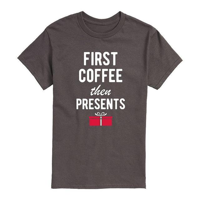 Mens First Coffee Then Presents Tee Grey Product Image