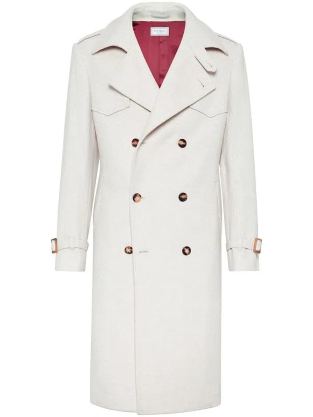 BRUNELLO CUCINELLI Long Double-breasted Coat In White Product Image