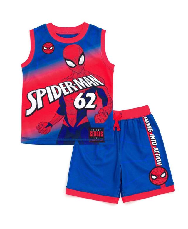 Marvel Boys Spider-Man Miles Morales Mesh Jersey Tank Top Shirt and Basketball Shorts to - Red Product Image