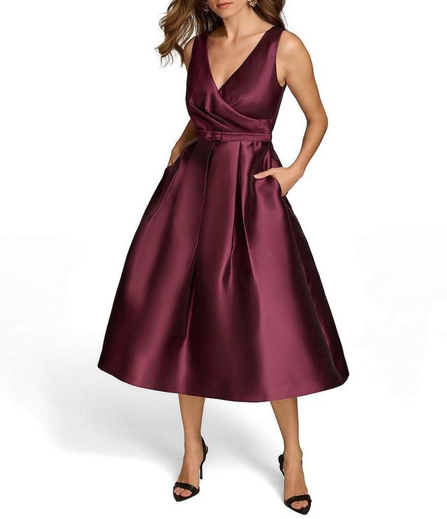 Donna Karan Solid Twill Satin Surplice V-Neck Sleeveless A-Line Midi Dress Product Image