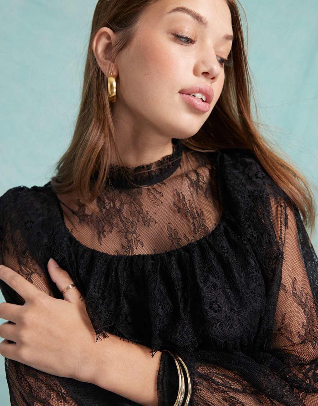 Miss Selfridge lace ruffle smock dress in black Product Image