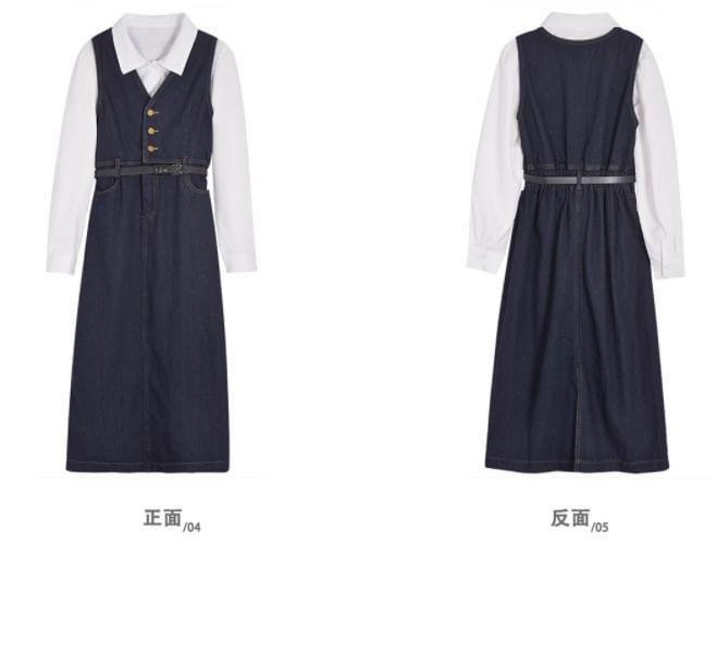 Long Sleeve Collared Plain Shirt / V-Neck Washed Button Midi A-Line Denim Pinafore Dress / Set Product Image