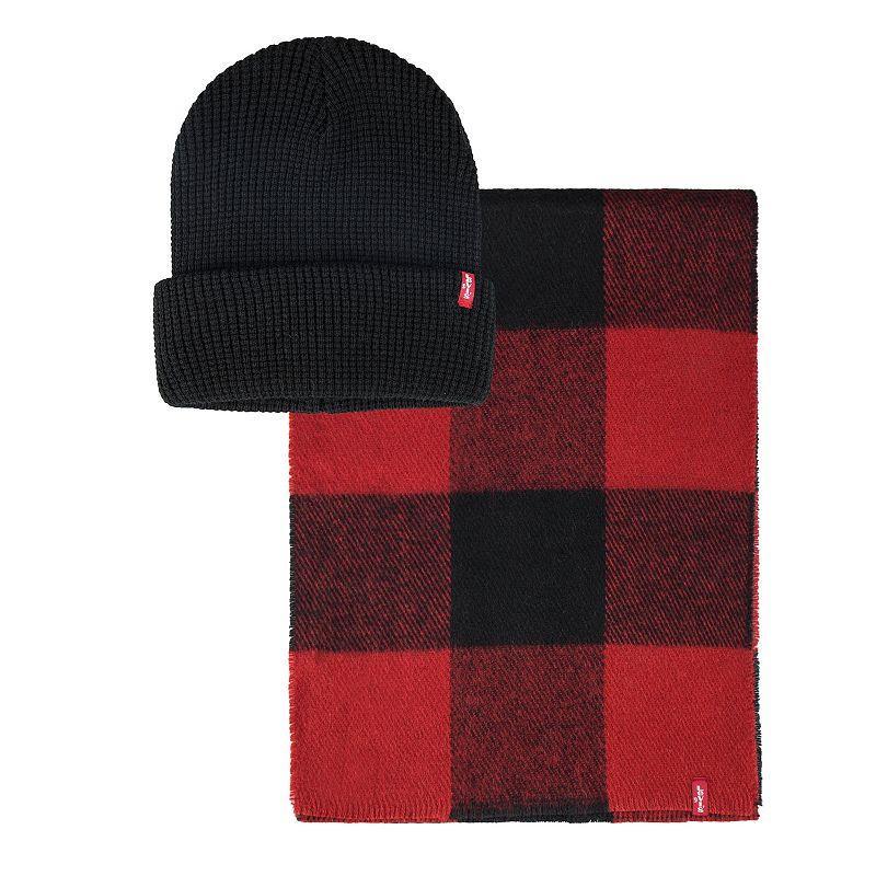 Mens Levis Waffle Beanie Hat & Buffalo Plaid Scarf Set, Red Product Image