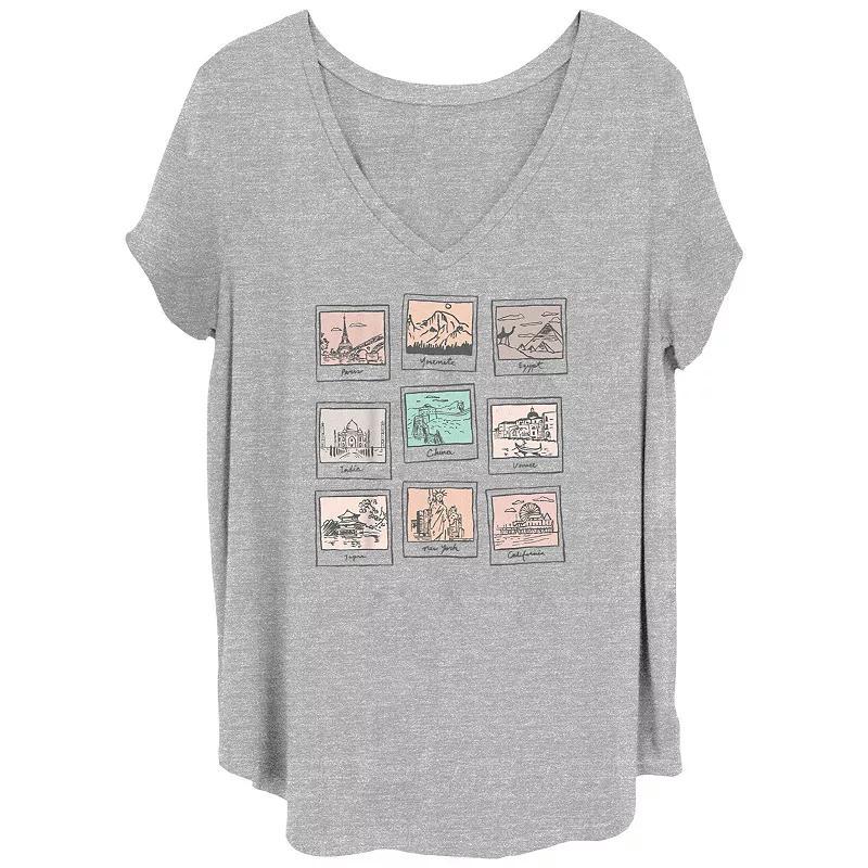 Juniors Plus Travel Pics V-Neck Graphic Tee, Womens Grey Gray Product Image