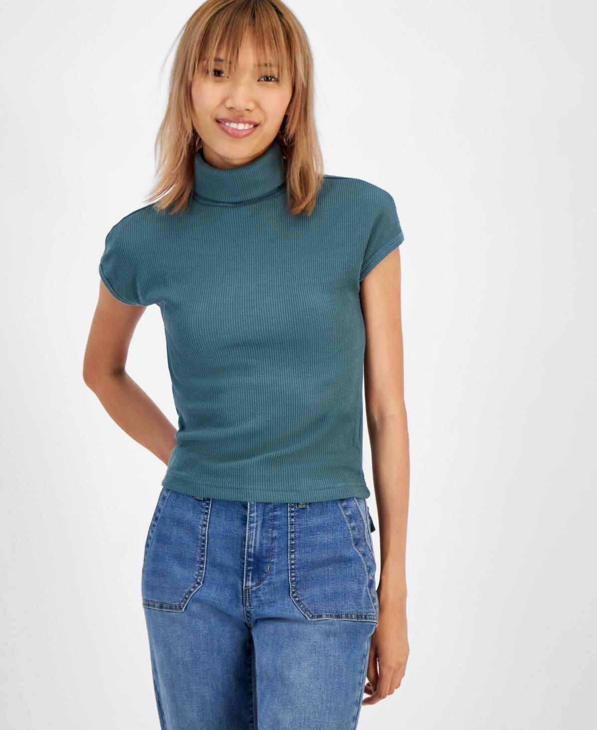 And Now This Womens Ribbed Cap-Sleeve Turtleneck Top Product Image