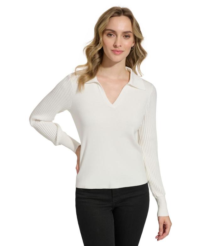 Calvin Klein Womens Collared V-Neck Ribbed-Sleeve Sweater Product Image