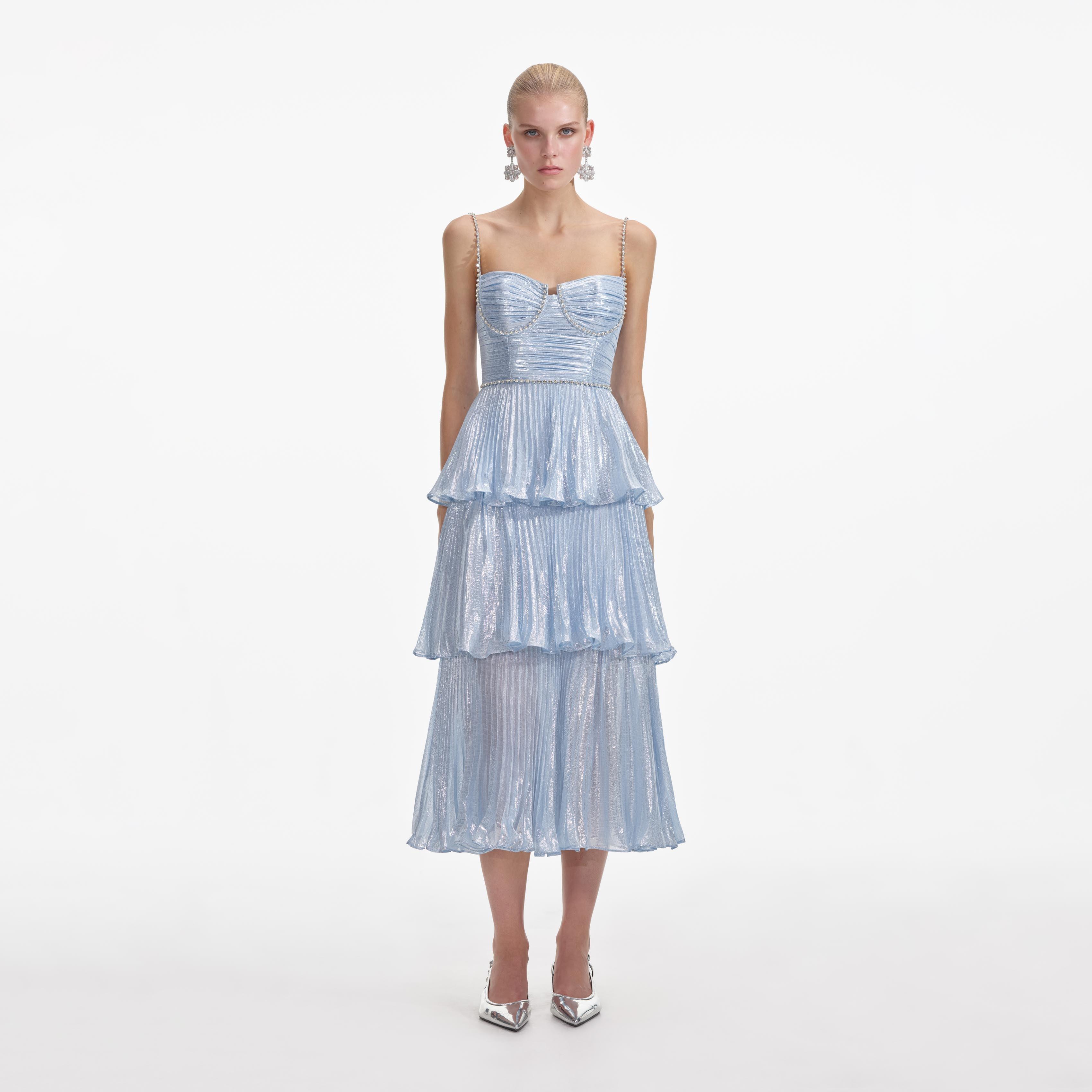 Blue Metallic Tiered Midi Dress Product Image