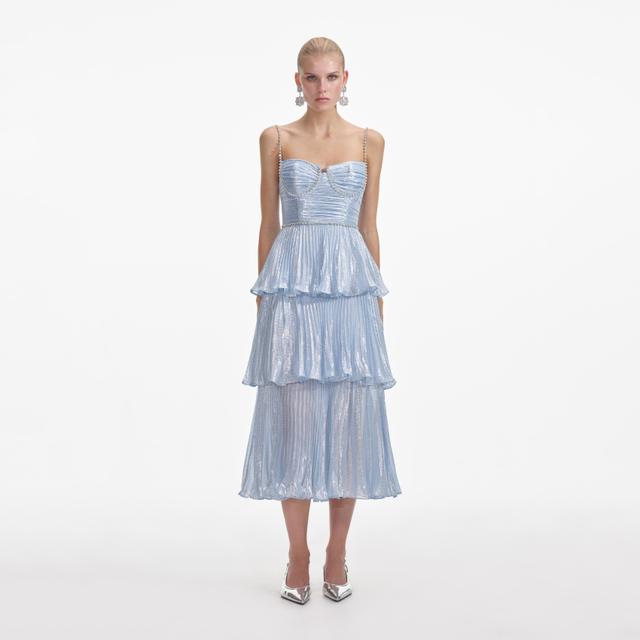 Blue Metallic Tiered Midi Dress Product Image