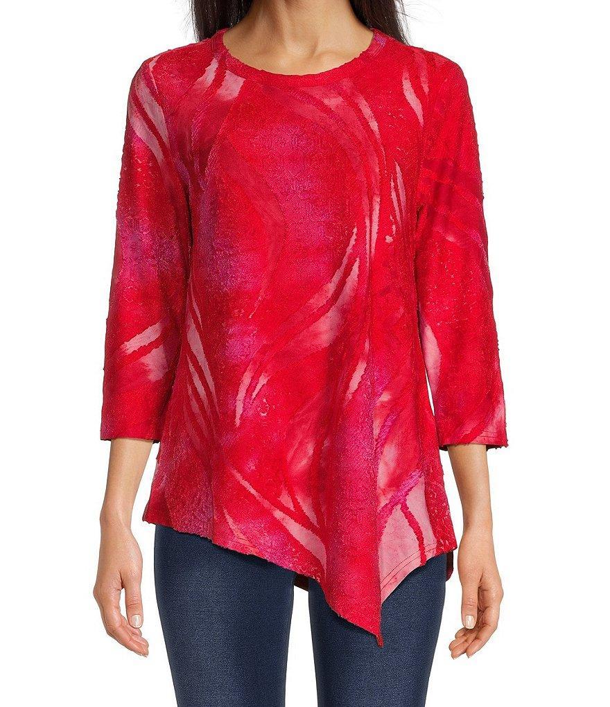 Calessa Round Neck 3/4 Sleeve Asymmetric Hem Burnout Tie Dye Top Product Image