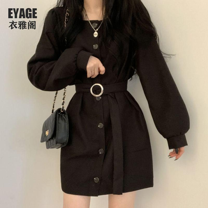 Long-Sleeve Square-Neck Plain Button-Up Mini A-Line Dress Product Image