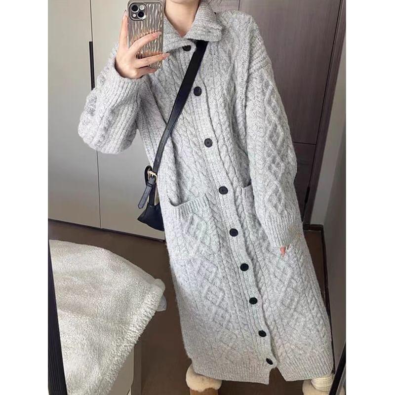 Plain Cable-Knit Maxi Cardigan Product Image