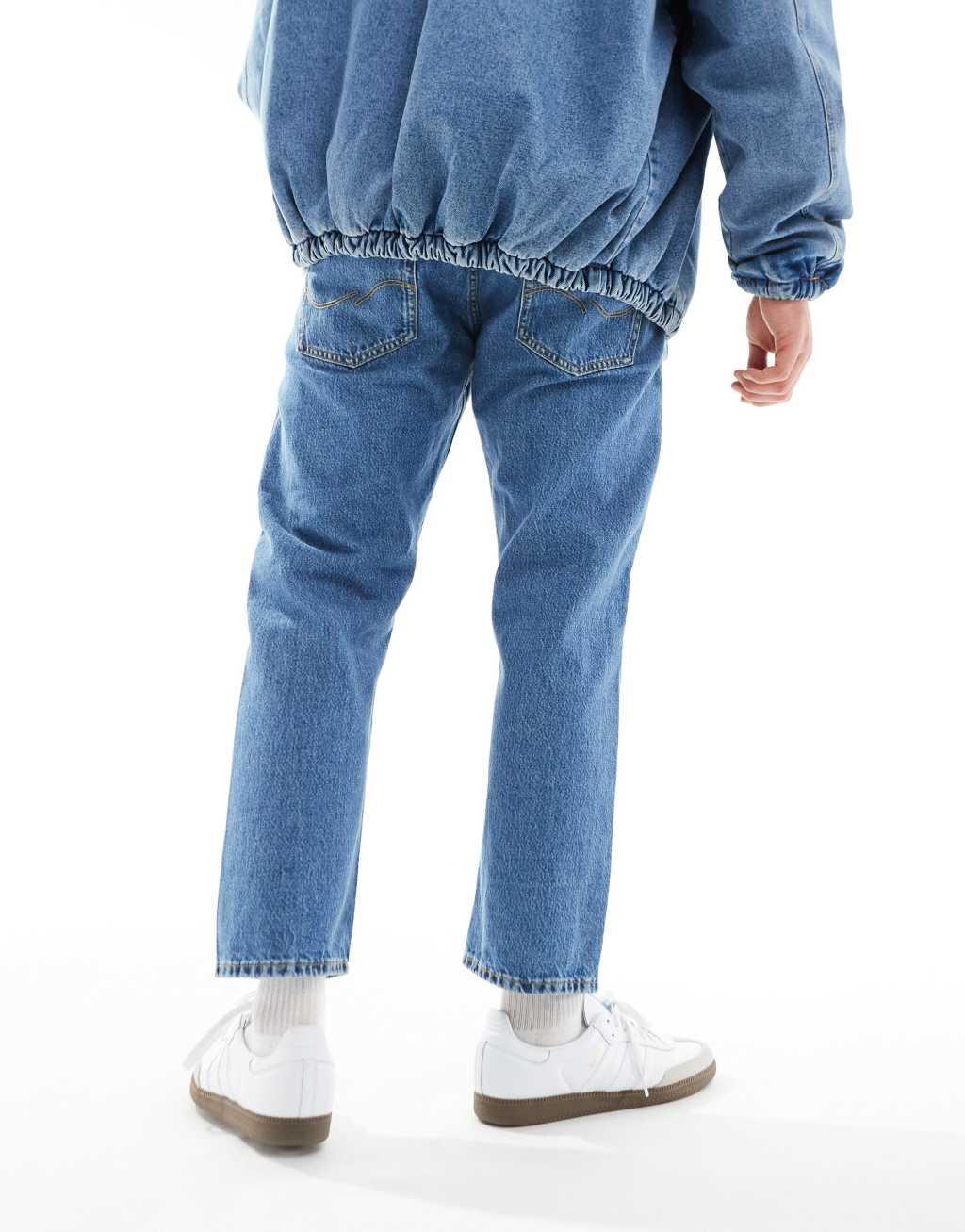 Jack & Jones Mark wide cropped rigid jeans in mid blue wash  Product Image