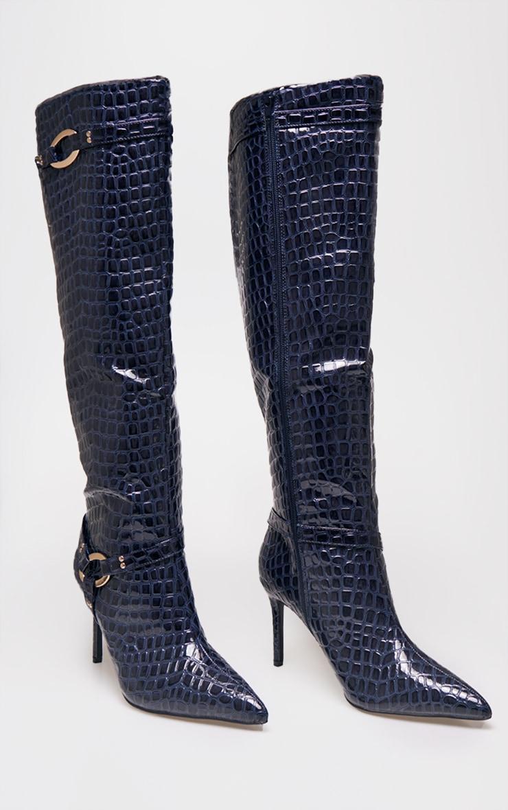 Blue Croc PU Point Toe Ring Detail Knee High Heeled Boots Product Image