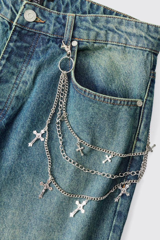 Layered Cross Jean Chain In Silver | boohooMAN USA Product Image