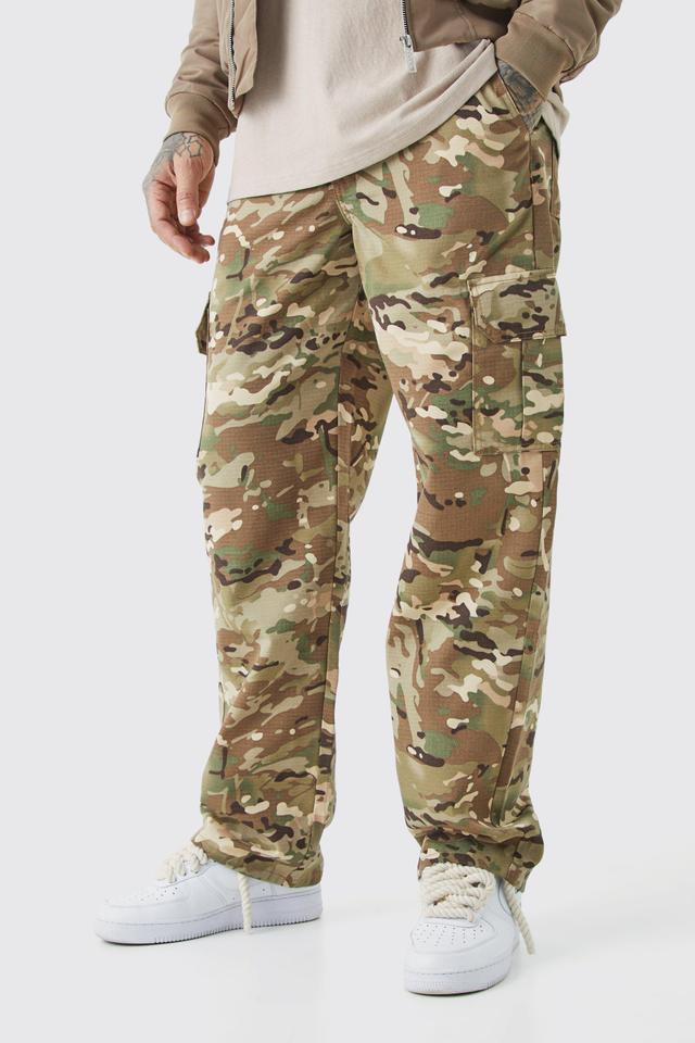 Mens Multi Tall Fixed Waist Relaxed Twill Camo Cargo Trouser, Multi Product Image