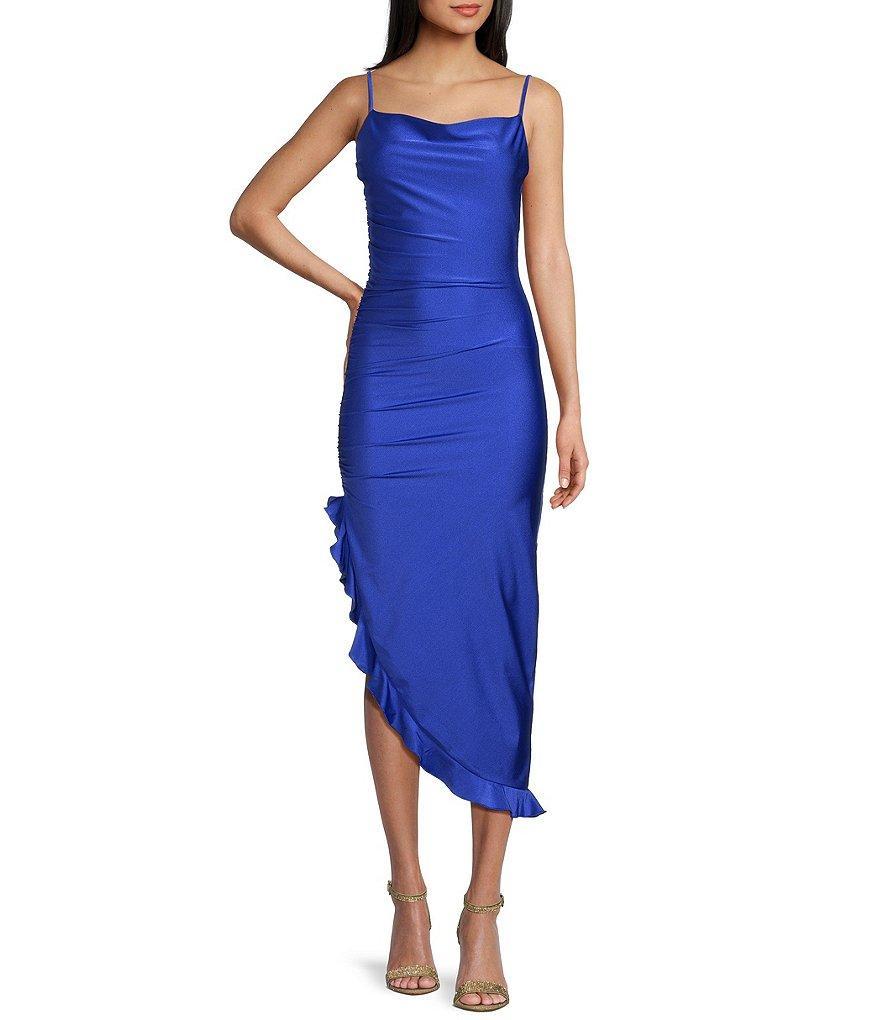 Honey and Rosie Sleeveless A-Symmetrical Ruffle Detail Fitted Midi Dress Product Image