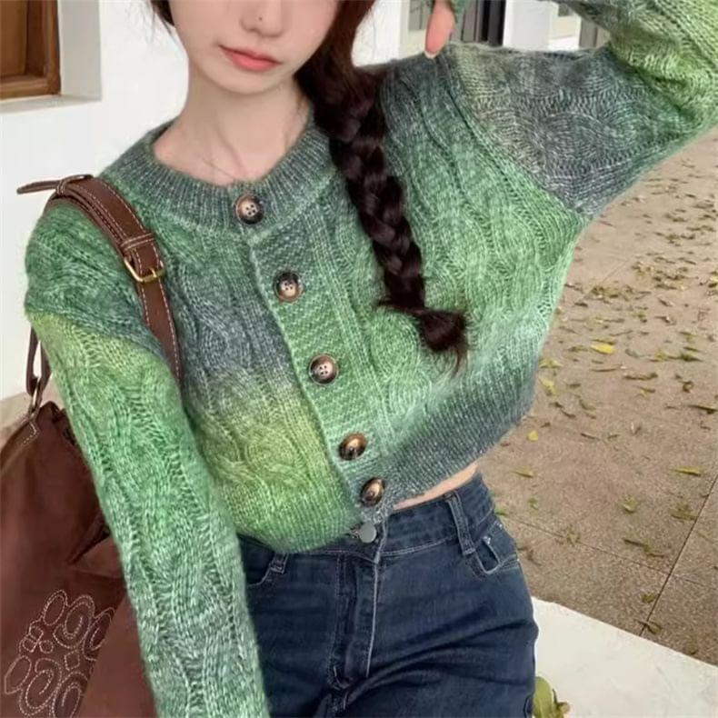 Crew Neck Gradient Cable Knit Button-Up Crop Cardigan Product Image