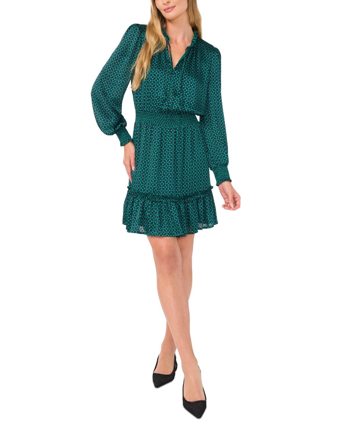 CeCe Womens Printed Tie-Neck Long-Sleeve Smocked-Waist Dress Product Image