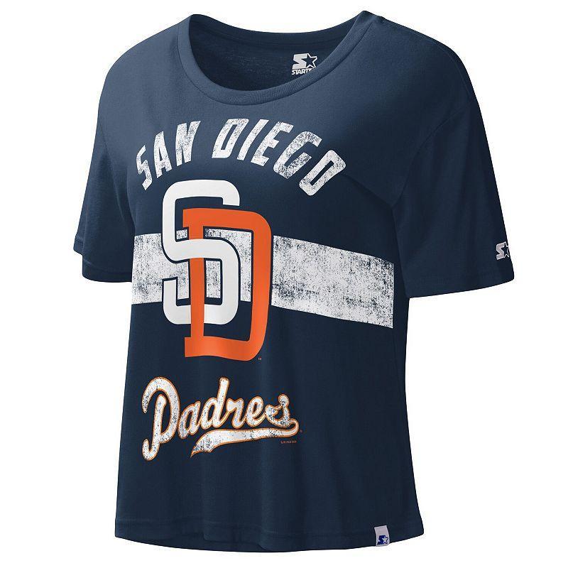 Womens Starter Navy Distressed San Diego Padres Cooperstown Collection Record Setter Crop Top Product Image