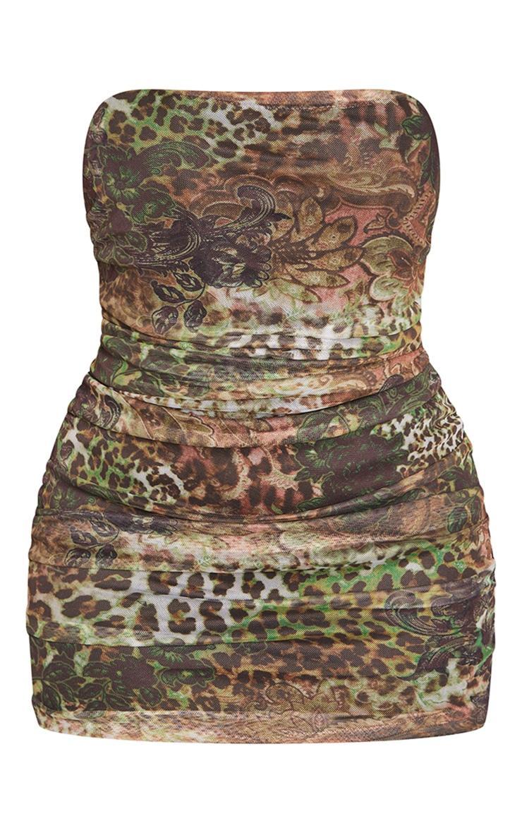 Shape Green Leopard Print Mesh Corset Detail Ruched Bodycon Dress Product Image