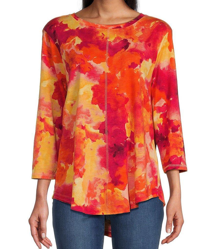 Westbound Petite Size Sunset Cloud Print 3/4 Sleeve Knit Crew Neck Top Product Image