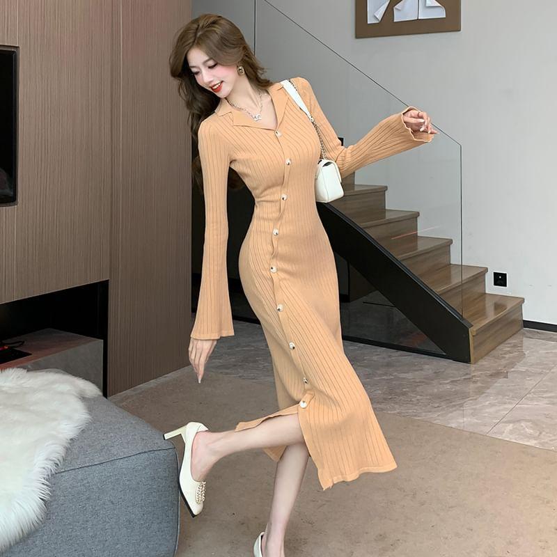 Long-Sleeve Lapel Collar Plain Button-Up Slit Midi Sheath Knit Dress Product Image