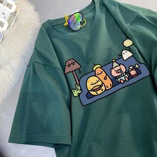 Elbow-Sleeve Crew Neck Cartoon Print T-Shirt Product Image