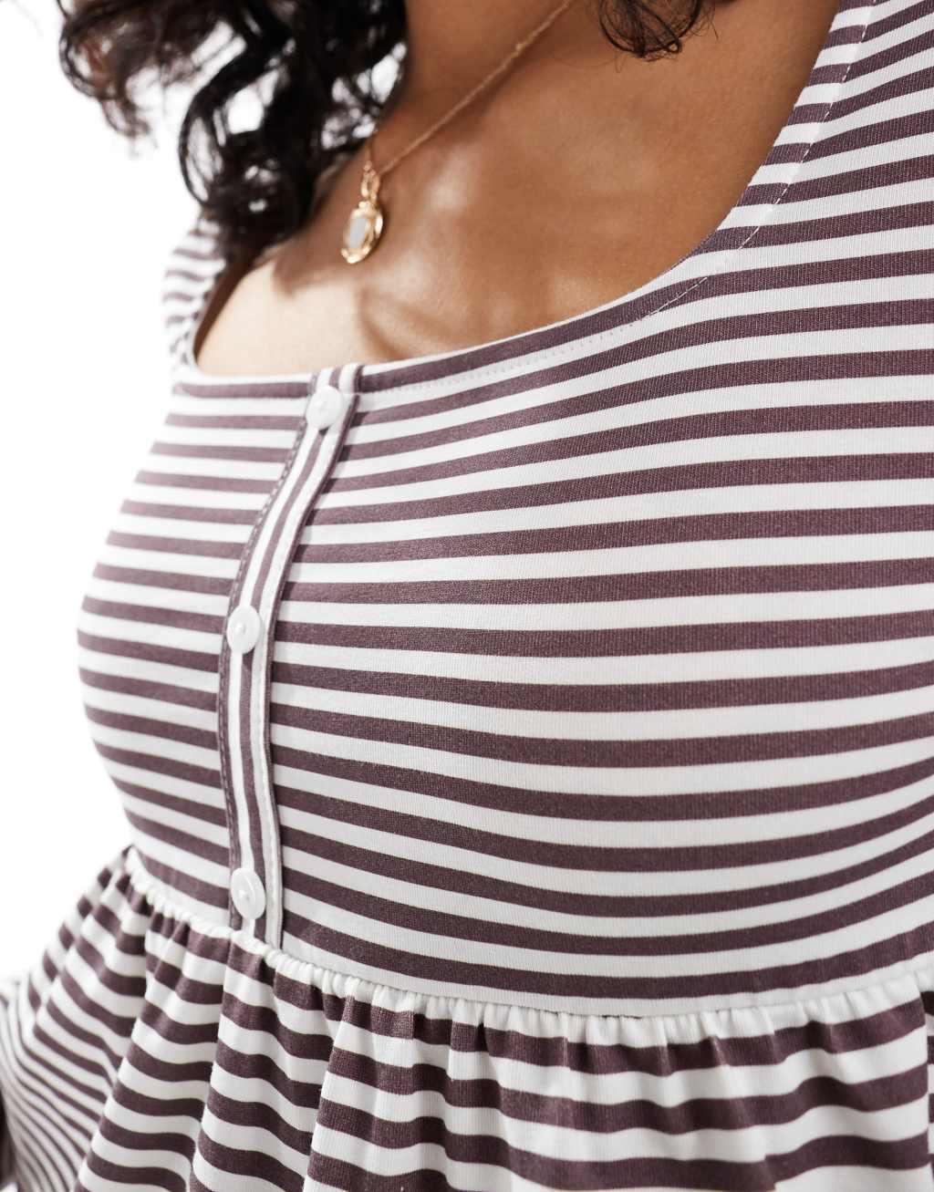 ASOS DESIGN babydoll long sleeve henley top in burgundy stripe product image