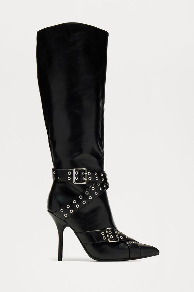 London Buckle Knee High Boots - Black Product Image