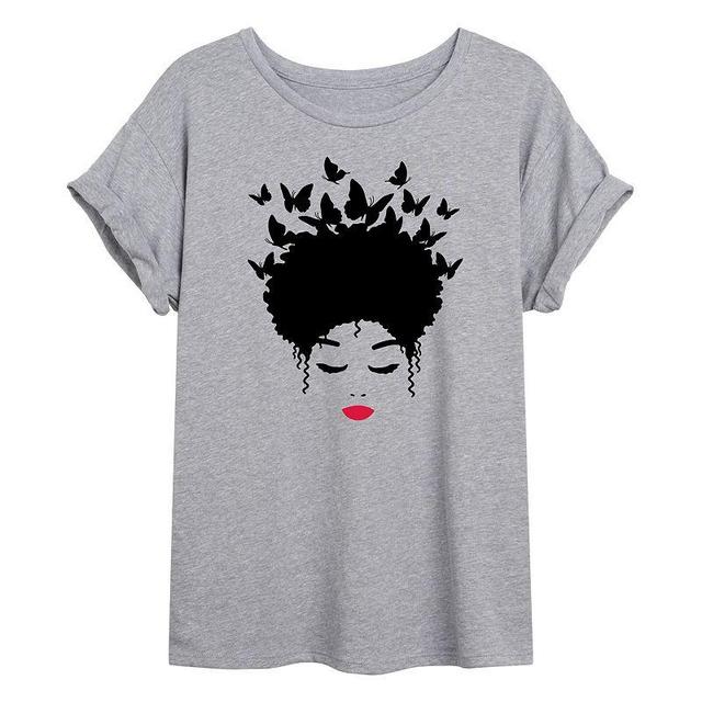 Juniors Woman of Color Black Butterfly Hair Flowy Tee, Girls Grey Gray Product Image