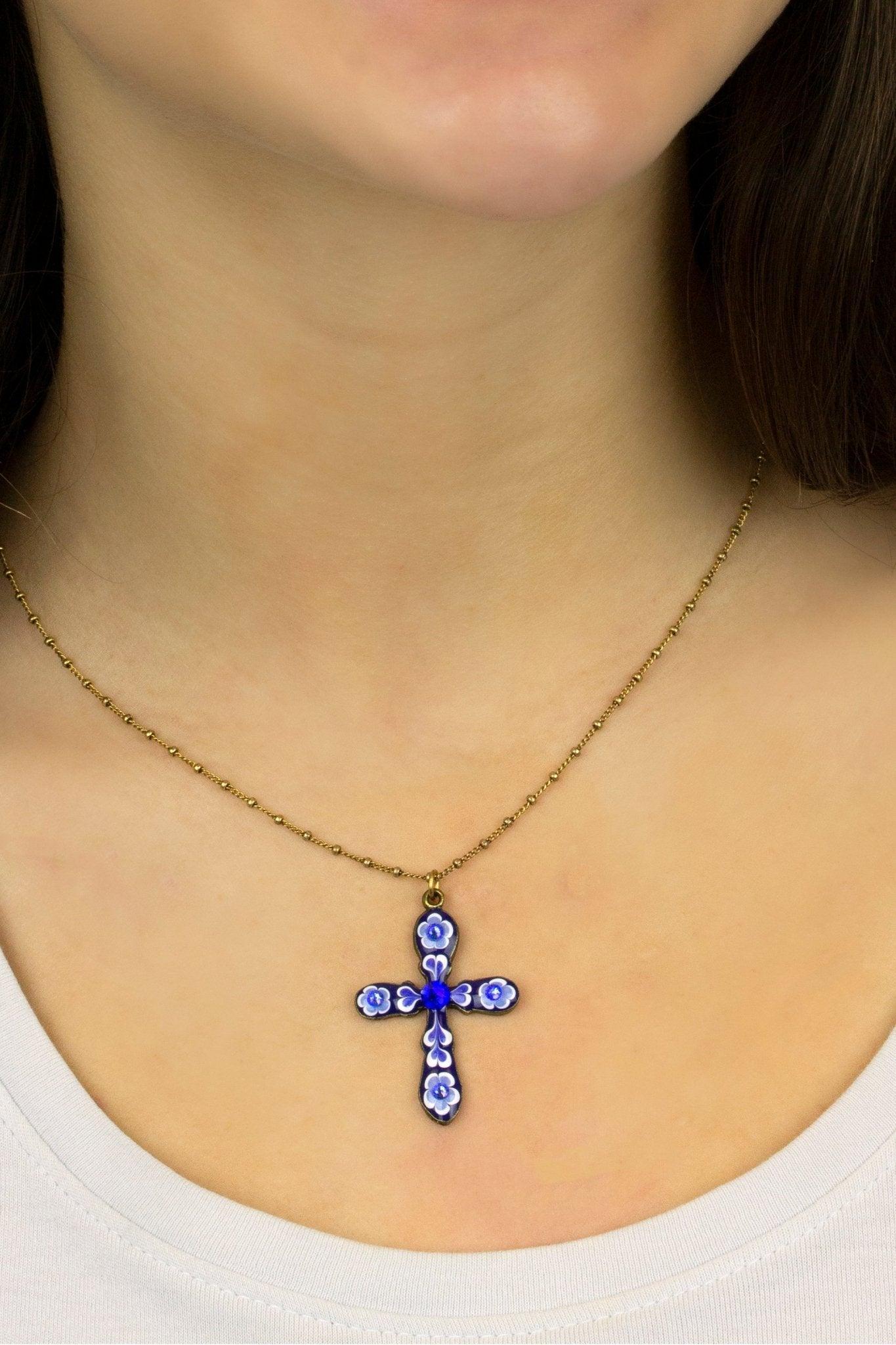 Blue & White Enamel Garden Cross Pendant Necklace Product Image